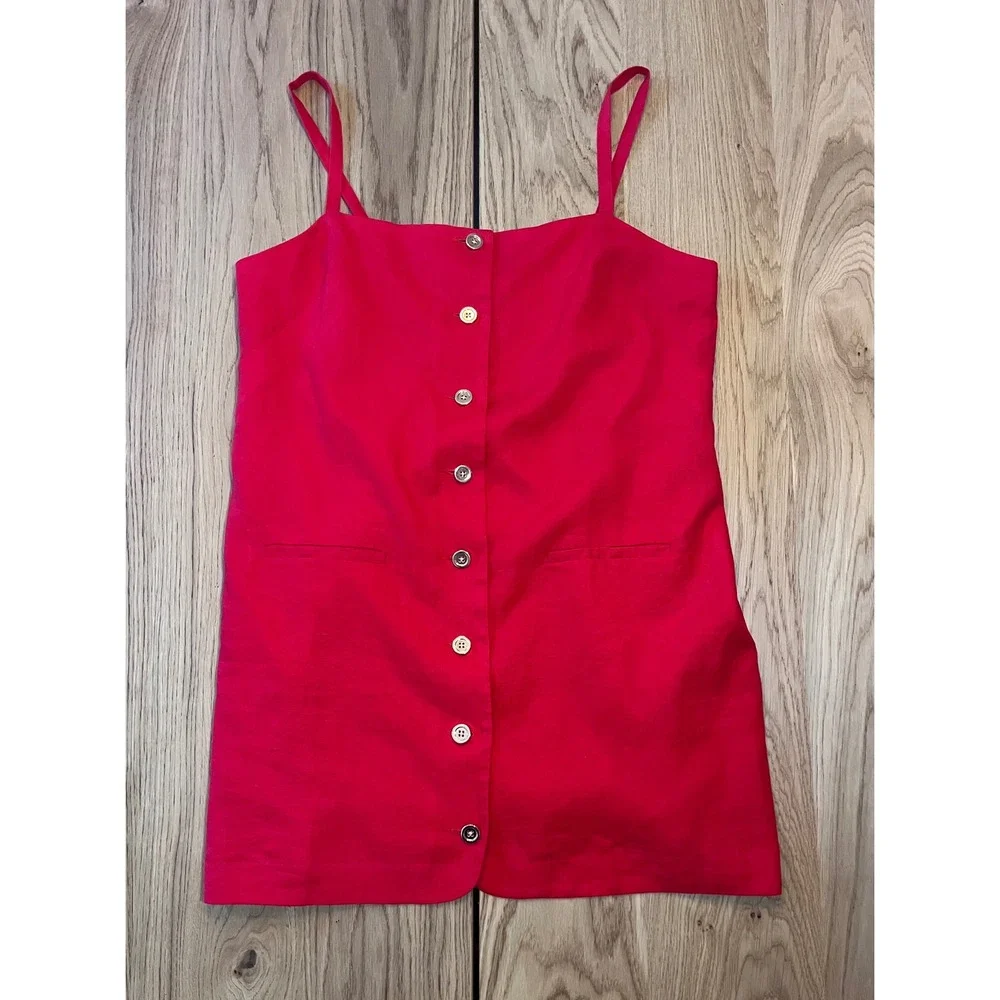 J.Crew Claudia Mini Dress Women XL Red Linen Button Front Coastal Quiet Luxury